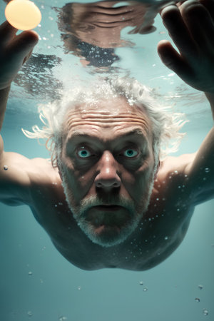Portrait of a senior man swimming underwater and looking at camera.の素材