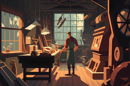 Carpenter at work in his workshop, cartoon vector illustration.の素材