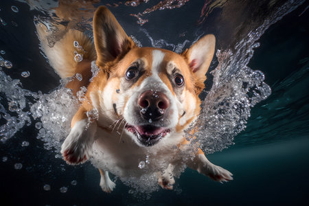 Cute corgi dog is swimming underwater in the water. Studio shot.の素材