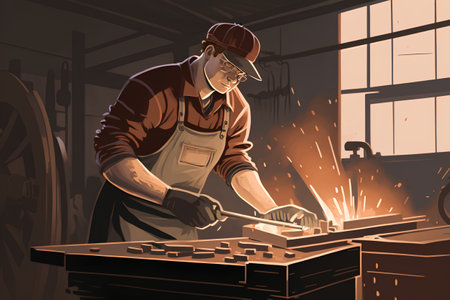 A man in a cap and apron is working with a grinder.の素材