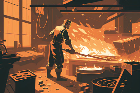 Vector illustration of a blacksmith working with metal in the forge.の素材