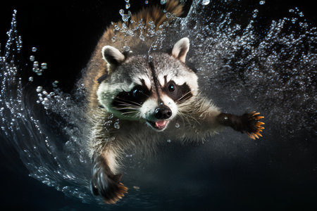 Raccoon in water splash. Wet raccoon on black background.の素材