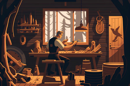 Lumberjack working in his workshop. Vector illustration in cartoon styleの素材