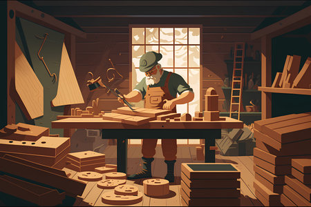 Carpenter working in his workshop. Vector illustration in cartoon style.の素材