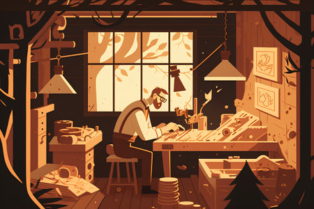 Lumberjack working in his workshop. Vector cartoon illustration of woodworking.の素材
