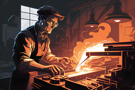 Metalworker working on a lathe. Vector illustration in cartoon style.の素材