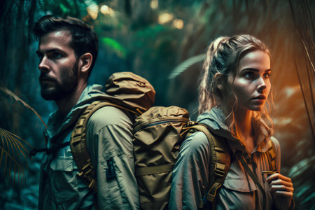Young couple with backpacks hiking in tropical forest. Adventure, travel and wanderlust concept.の素材