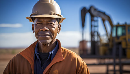Portrait of senior African American man in hardhat standing at oilfieldの素材
