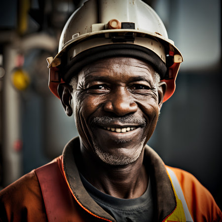 Portrait of a smiling senior African American man working at a factory.の素材
