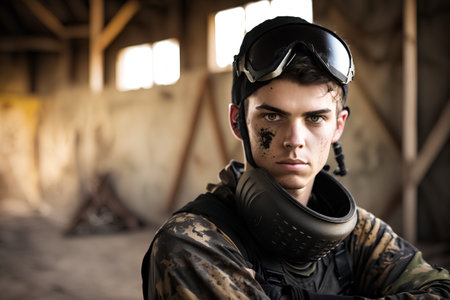 Portrait of a young pensive paintball player with helmet and maskの素材