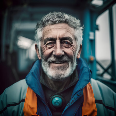 Portrait of an old man with grey hair and beard on the background of an old trainの素材