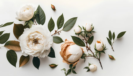 Flowers composition. Frame made of peony flowers on white background. Flat lay, top view, copy spaceの素材