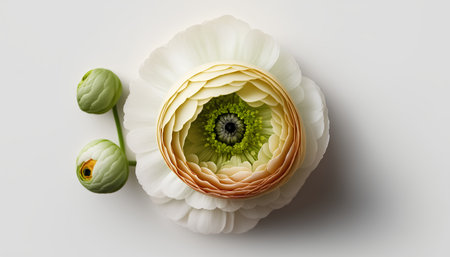 3d render of white ranunculus flower with green eyes on white backgroundの素材