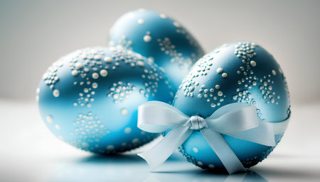 Blue easter eggs with a white bow on a white background.の素材