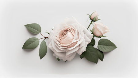 White rose with green leaves isolated on white background. 3d illustrationの素材