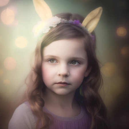 Portrait of a beautiful little girl with long hair wearing rabbit earsの素材