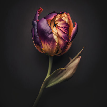 Beautiful tulip flower on a black background. Toned.の素材