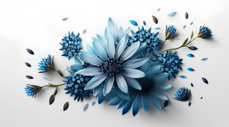 Beautiful blue flower composition on white background. 3d illustration.の素材