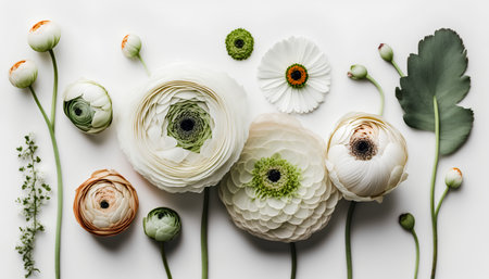 top view of white ranunculus flowers, green leaves and eucalyptus on white backgroundの素材