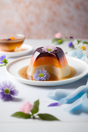 Panna cotta with caramel and flowers on a white wooden backgroundの素材