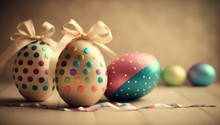 Colorful easter eggs with ribbons on wooden background. Toned.の素材