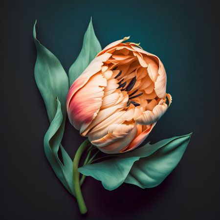 Beautiful tulip flower on dark background. Flat lay, top viewの素材