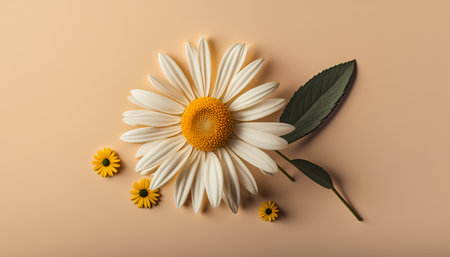Creative layout made of chamomile flowers on beige background. Minimal summer concept. Flat lay, top view.の素材