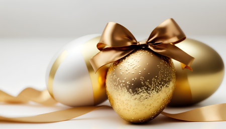 golden easter eggs with golden ribbon and bow on white backgroundの素材