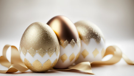 golden easter eggs with ribbon on white background, closeupの素材