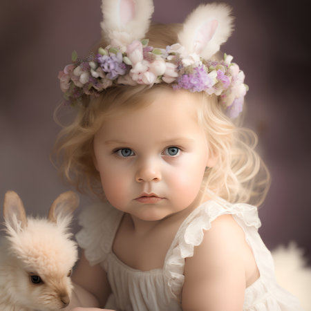 Cute little girl with rabbit ears and flowers in her hair.の素材