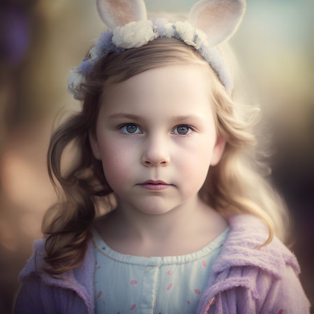 Portrait of a beautiful little girl with bunny ears on her headの素材