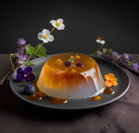 Panna cotta with honey and flowers on a black background.の素材