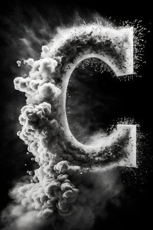 The letter C in the explosion of smoke on a black background.の素材