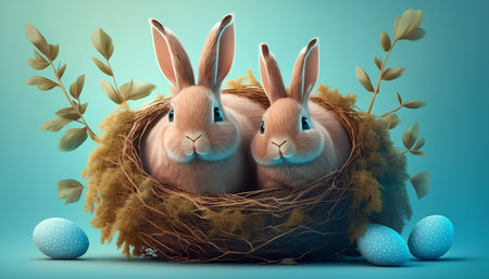 Easter bunnies in a nest with eggs on blue backgroundの素材