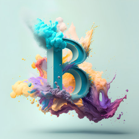 3d rendering of letter B made of colorful paint splashes.の素材