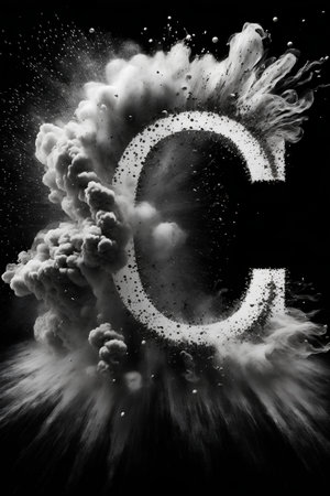 The letter C in the explosion of smoke on a black background.の素材