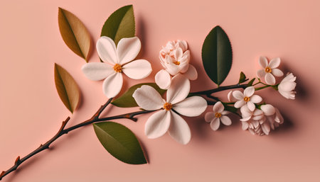 Flowers composition. Branches and leaves on pink background. Flat lay, top view, copy spaceの素材