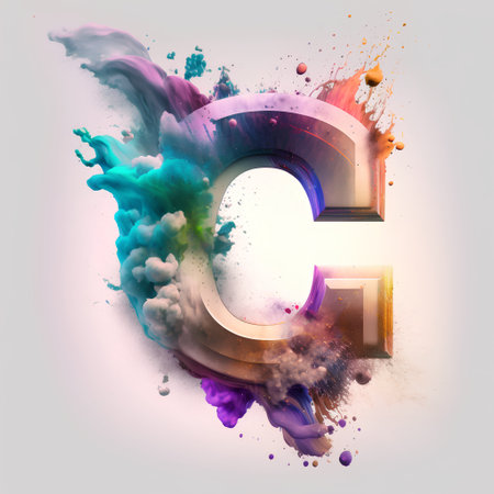 Colorful explosion of paint with letter G uppercase. 3d renderingの素材