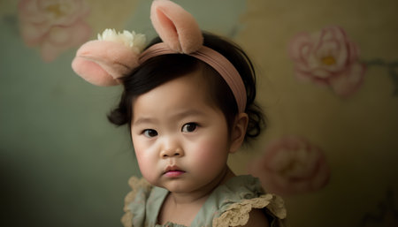 Portrait of cute little asian girl with bunny ears on headの素材