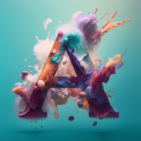 Colorful abstract paint splashes with letter A. 3d renderingの素材