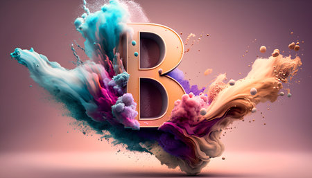 Colorful paint explosion with letter B. 3d rendering, 3d illustration.の素材