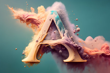 Colorful paint explosion with letter A isolated on blue background. 3d renderingの素材