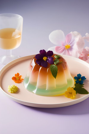 Panna cotta with spring flowers and a glass of white wineの素材