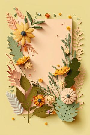 Flowers composition with leaves and flowers in paper cut style on yellow background. Vector illustration.の素材