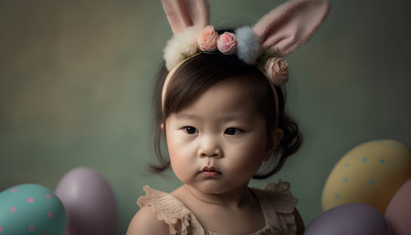 Cute asian baby girl wearing bunny ears with easter eggsの素材