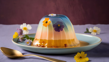 Panna cotta with spring flowers on a blue plate. Selective focus.の素材