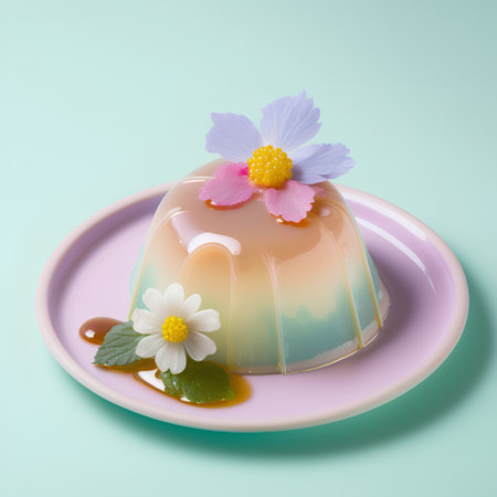 Panna cotta with caramel and flowers on pastel blue backgroundの素材
