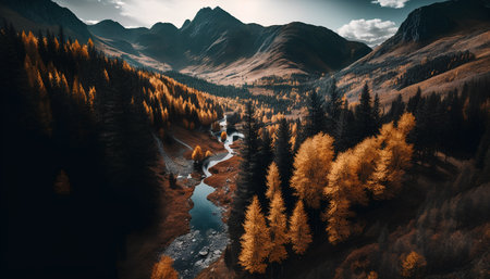 Aerial view of beautiful autumn mountain landscape with forest and river.の素材