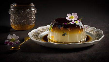 Panna cotta with chocolate glaze and flowers on a dark backgroundの素材