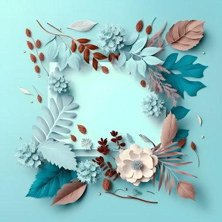 Floral frame made of leaves and flowers on blue background. Vector illustration.の素材